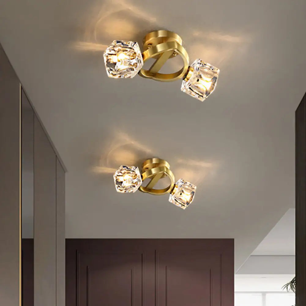 Gold Semi Mount Postmodern Metal Ceiling Light With Crystal Shade - Foyer Flush 2 /