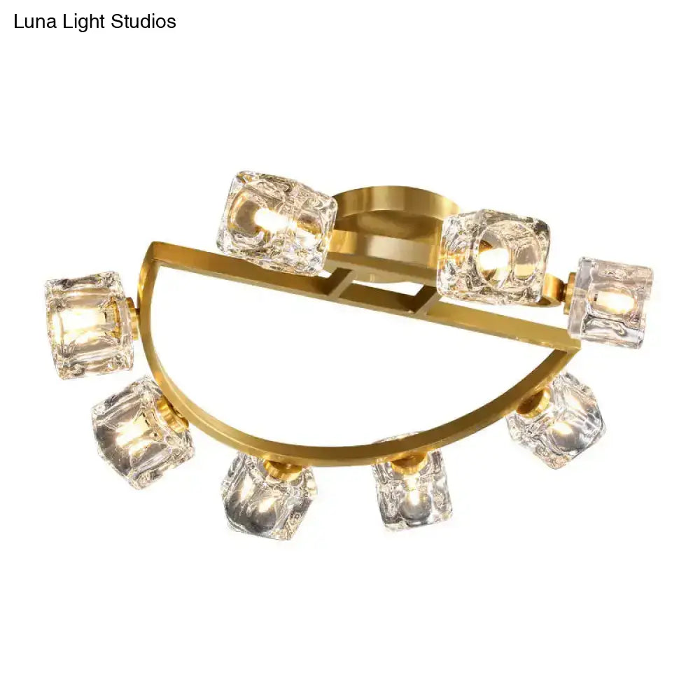 Gold Semi Mount Postmodern Metal Ceiling Light With Crystal Shade - Foyer Flush