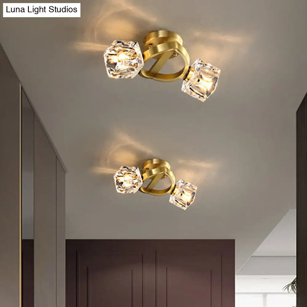 Gold Semi Mount Postmodern Metal Ceiling Light With Crystal Shade - Foyer Flush 2 /