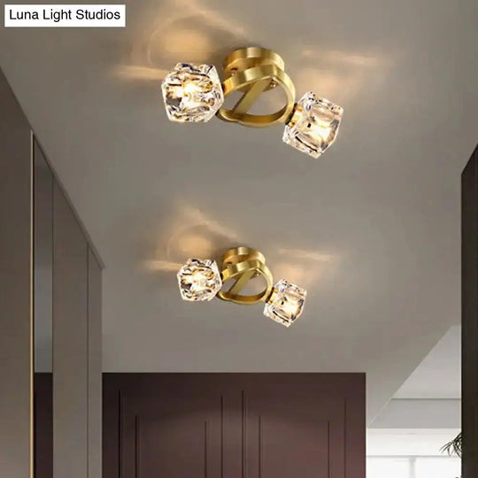 Gold Semi Mount Postmodern Metal Ceiling Light With Crystal Shade - Foyer Flush