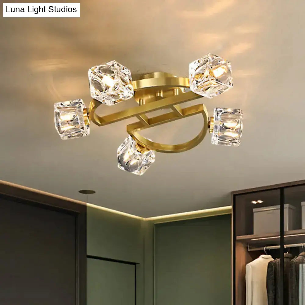 Gold Semi Mount Postmodern Metal Ceiling Light With Crystal Shade - Foyer Flush