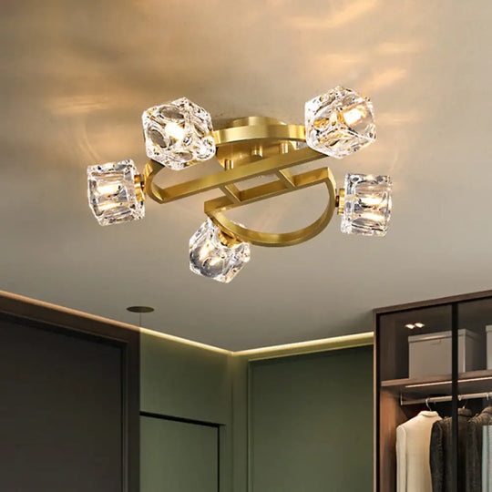 Gold Semi Mount Postmodern Metal Ceiling Light With Crystal Shade - Foyer Flush 5 /