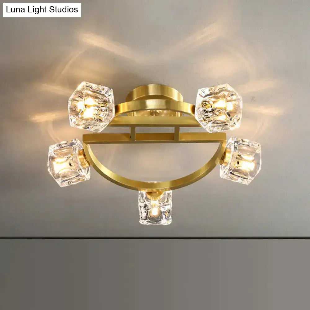 Gold Semi Mount Postmodern Metal Ceiling Light With Crystal Shade - Foyer Flush