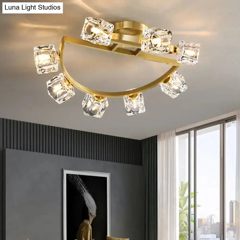 Gold Semi Mount Postmodern Metal Ceiling Light With Crystal Shade - Foyer Flush