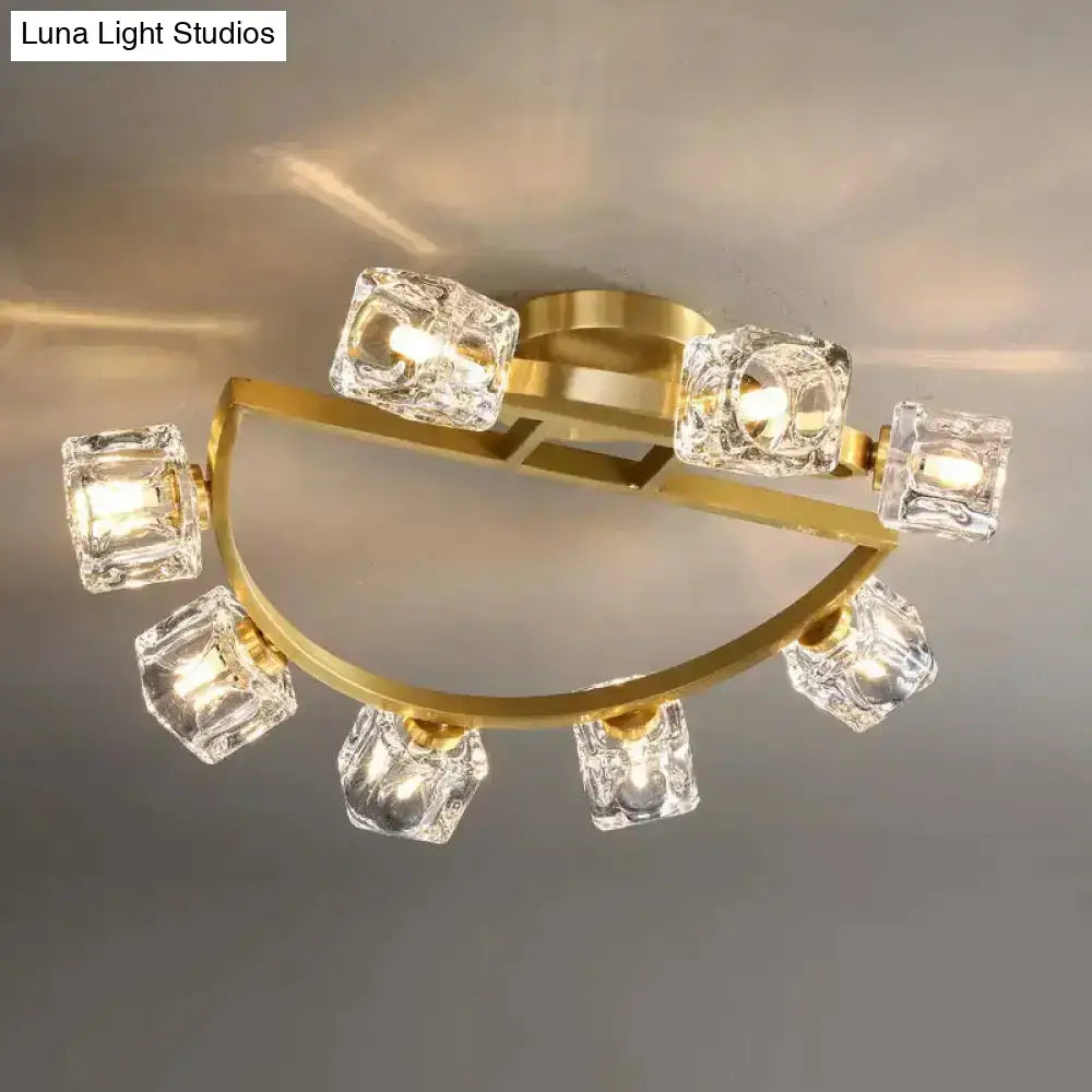 Gold Semi Mount Postmodern Metal Ceiling Light With Crystal Shade - Foyer Flush