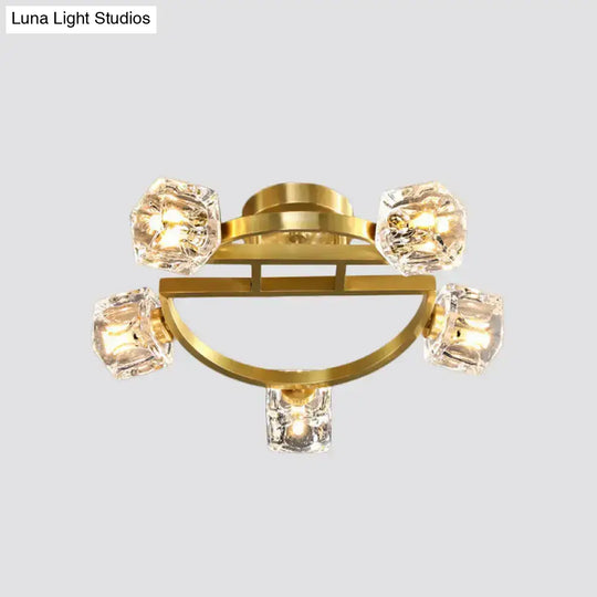 Gold Semi Mount Postmodern Metal Ceiling Light With Crystal Shade - Foyer Flush