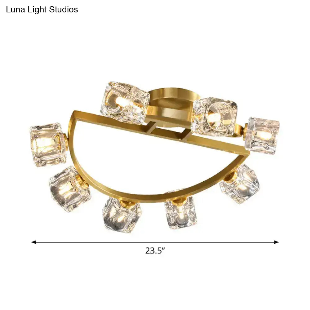 Gold Semi Mount Postmodern Metal Ceiling Light With Crystal Shade - Foyer Flush