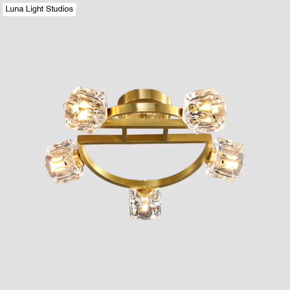 Gold Semi Mount Postmodern Metal Ceiling Light With Crystal Shade - Foyer Flush