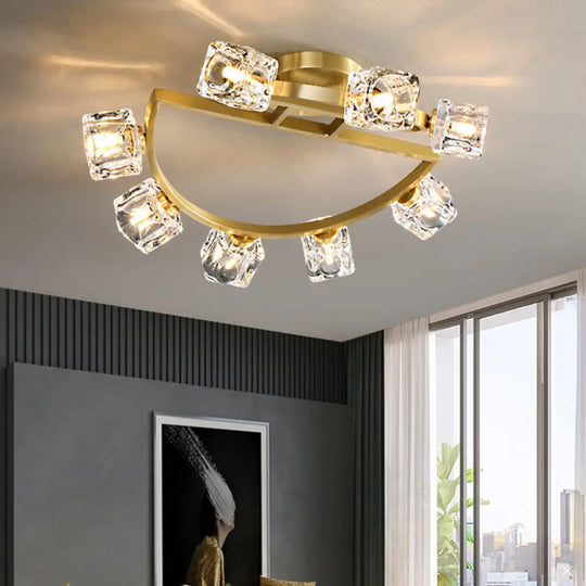 Gold Semi Mount Postmodern Metal Ceiling Light With Crystal Shade - Foyer Flush 8 /