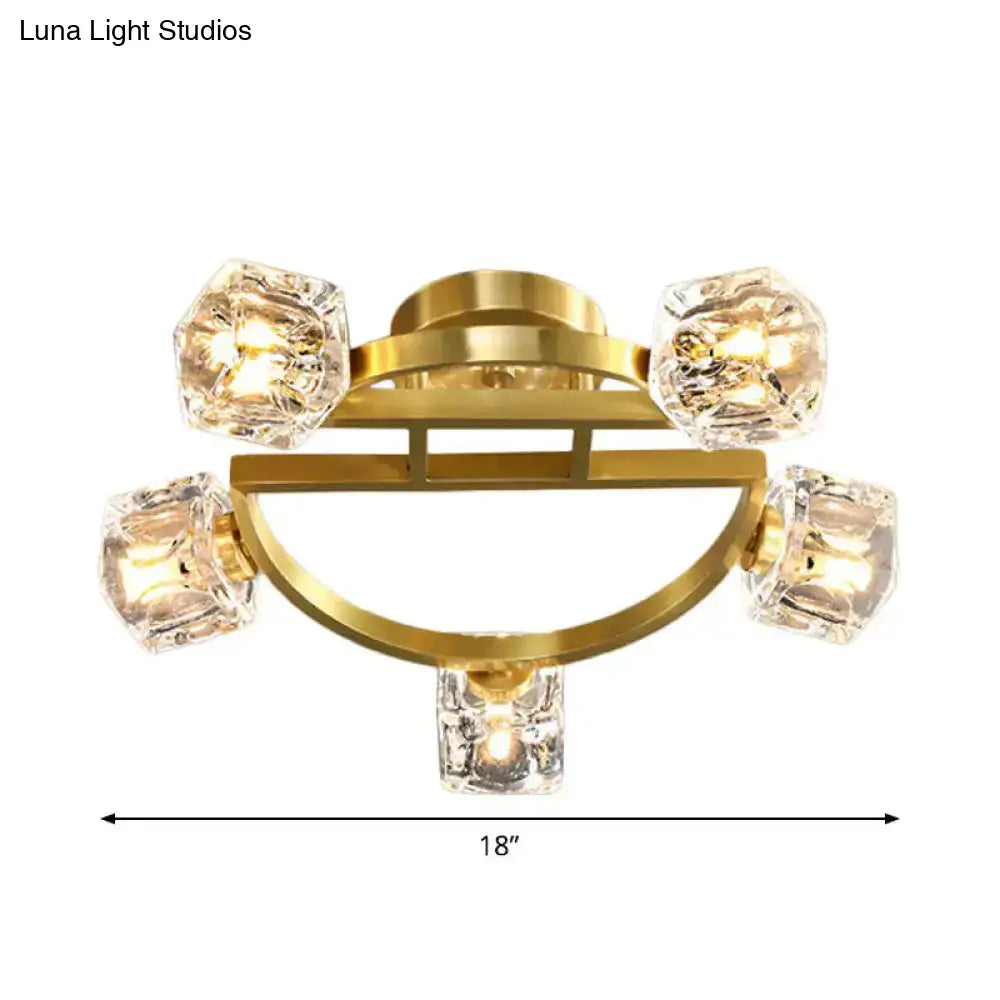 Gold Semi Mount Postmodern Metal Ceiling Light With Crystal Shade - Foyer Flush