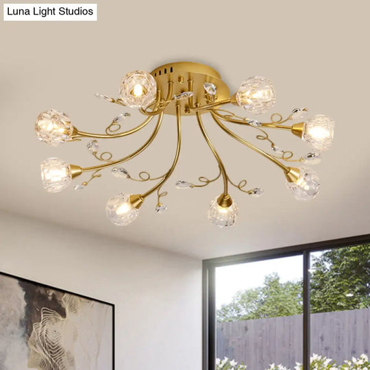 Gold Spherical Ceiling Light With Crystal Prisms - Simple Style 8 Bulbs Semi Mount Lighting