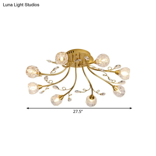 Gold Spherical Ceiling Light With Crystal Prisms - Simple Style 8 Bulbs Semi Mount Lighting