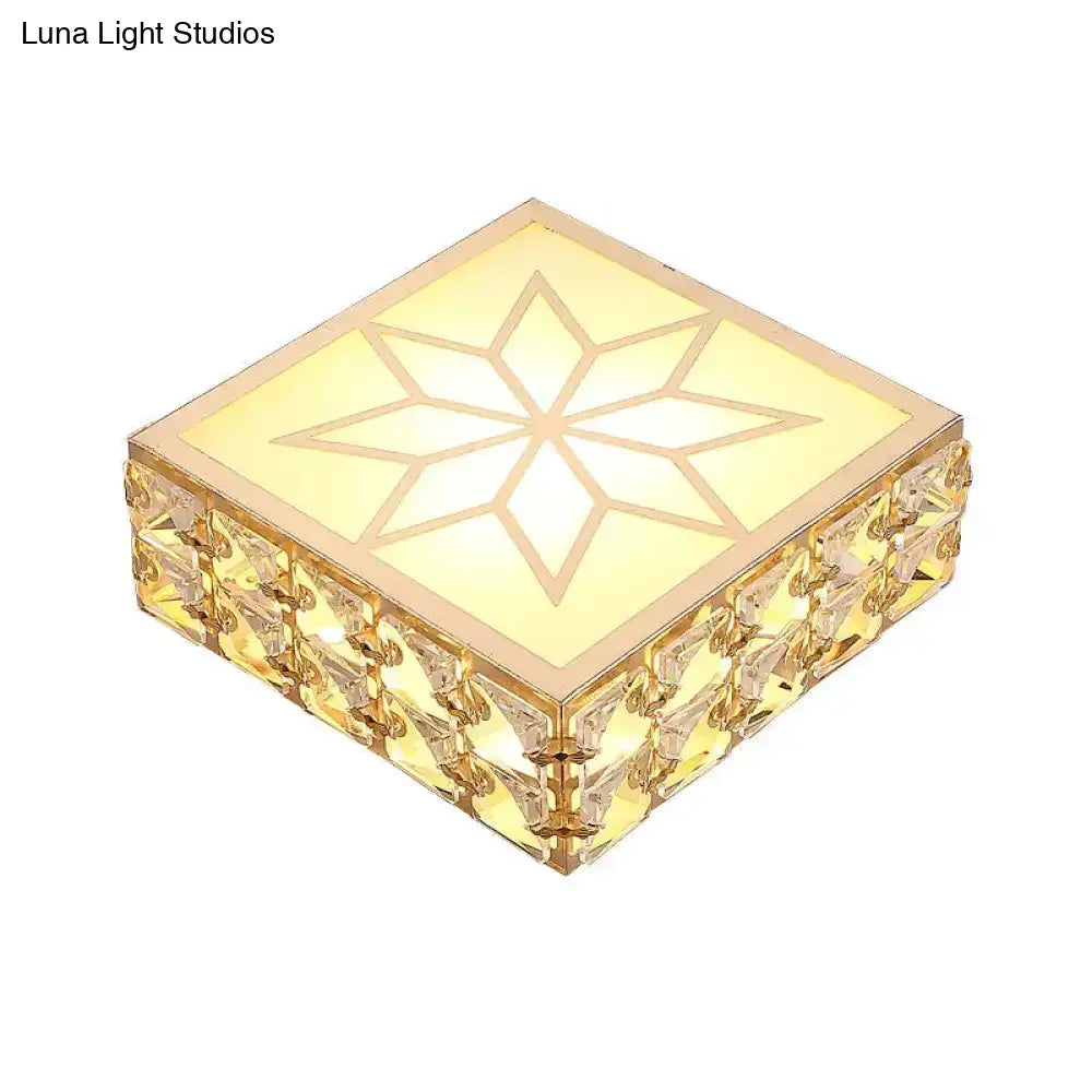 Gold Square Flush Ceiling Light With Faceted Crystal Led And Star Pattern – Modern & Elegant