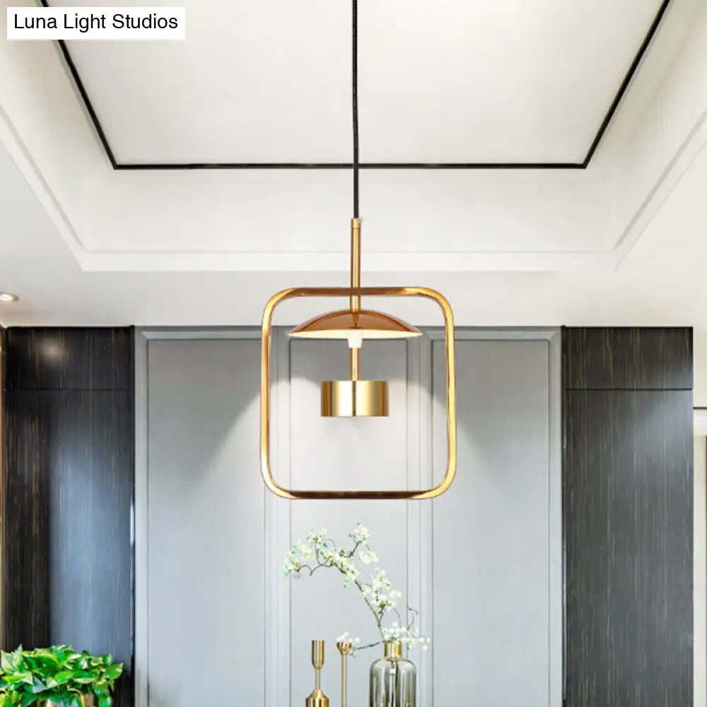 Minimalist Led Square-Frame Pendulum Light With Gold Finish And Shade/Shadeless Options For Ceiling