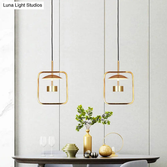 Minimalist Led Square-Frame Pendulum Light With Gold Finish And Shade/Shadeless Options For Ceiling