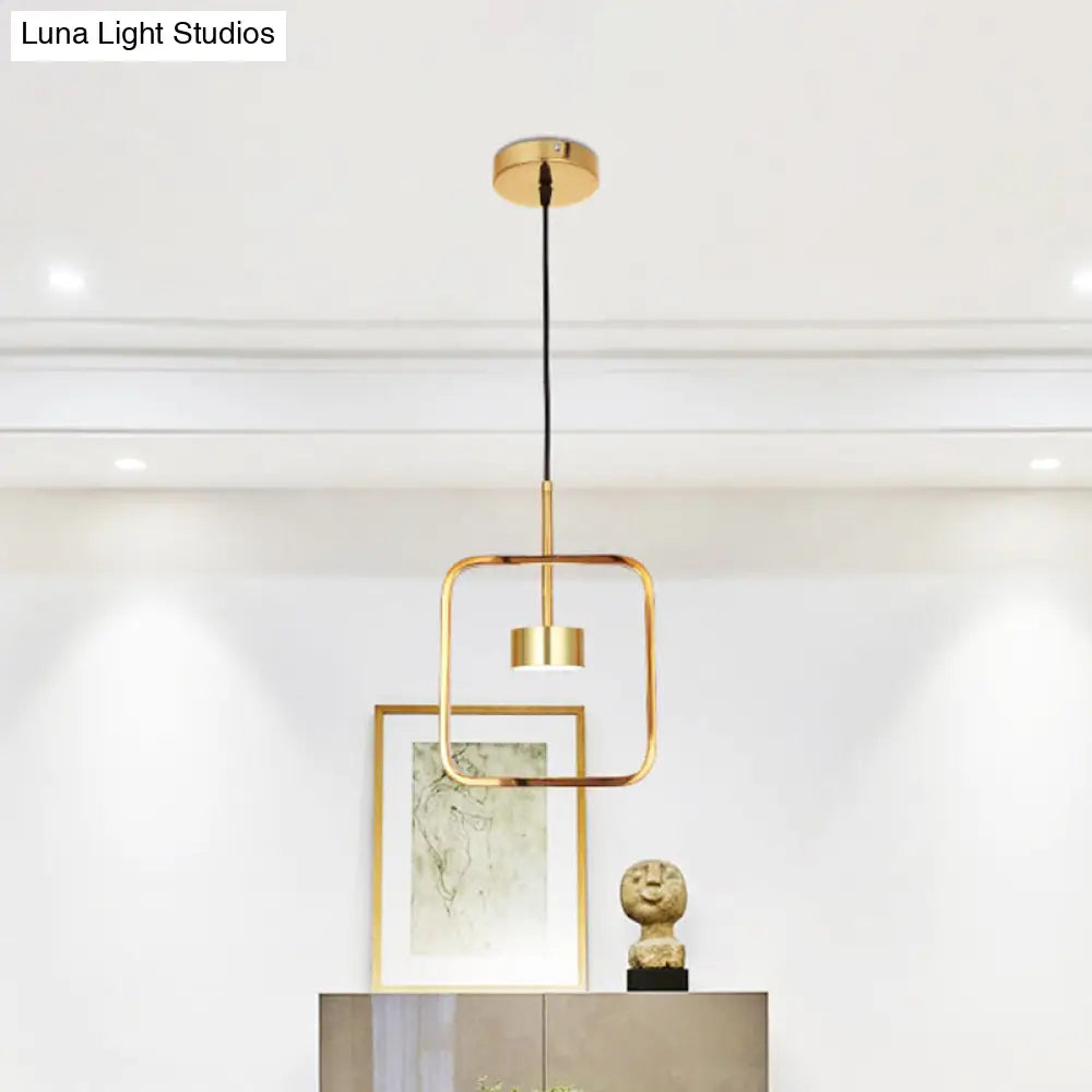 Minimalist Led Square-Frame Pendulum Light With Gold Finish And Shade/Shadeless Options For Ceiling