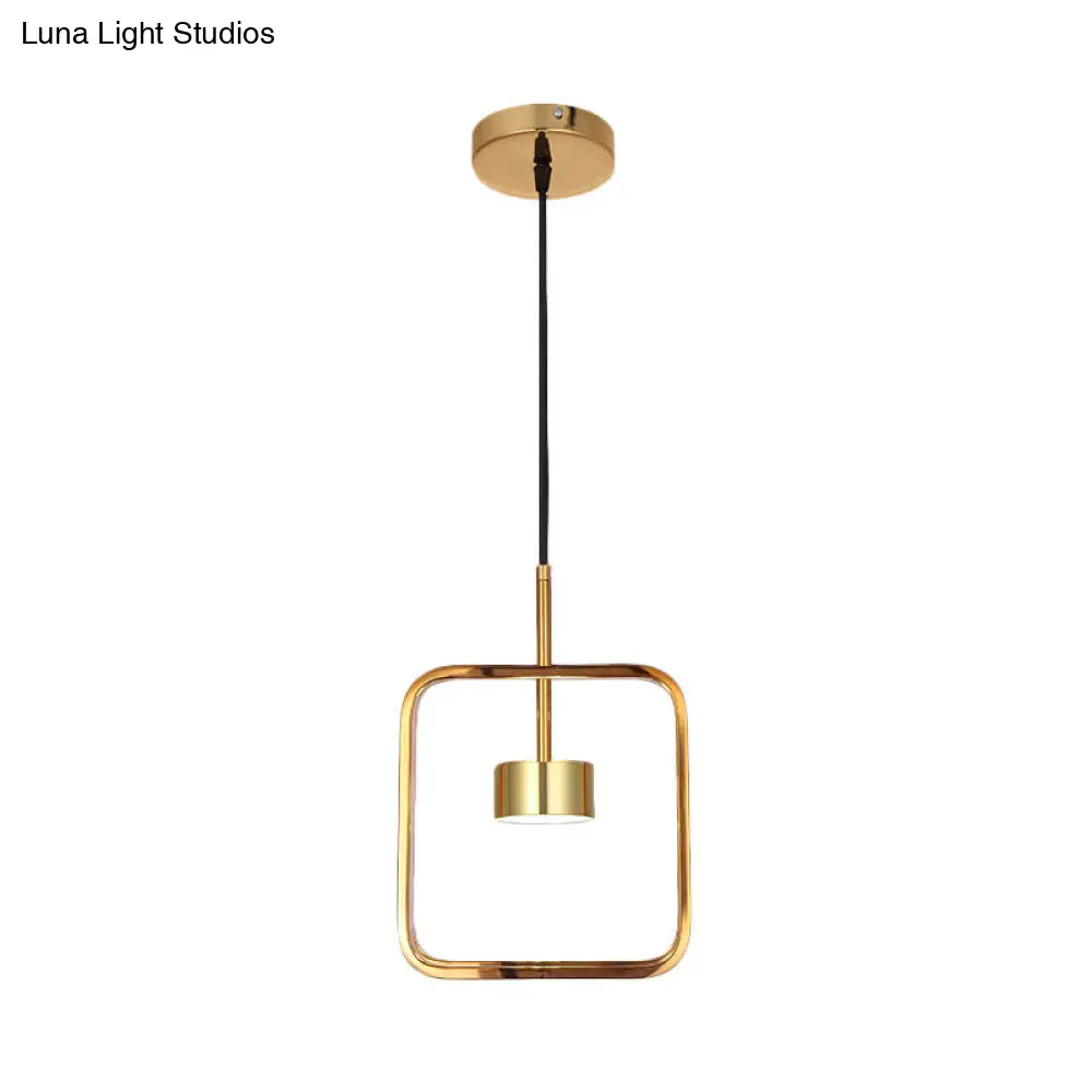 Minimalist Led Square-Frame Pendulum Light With Gold Finish And Shade/Shadeless Options For Ceiling