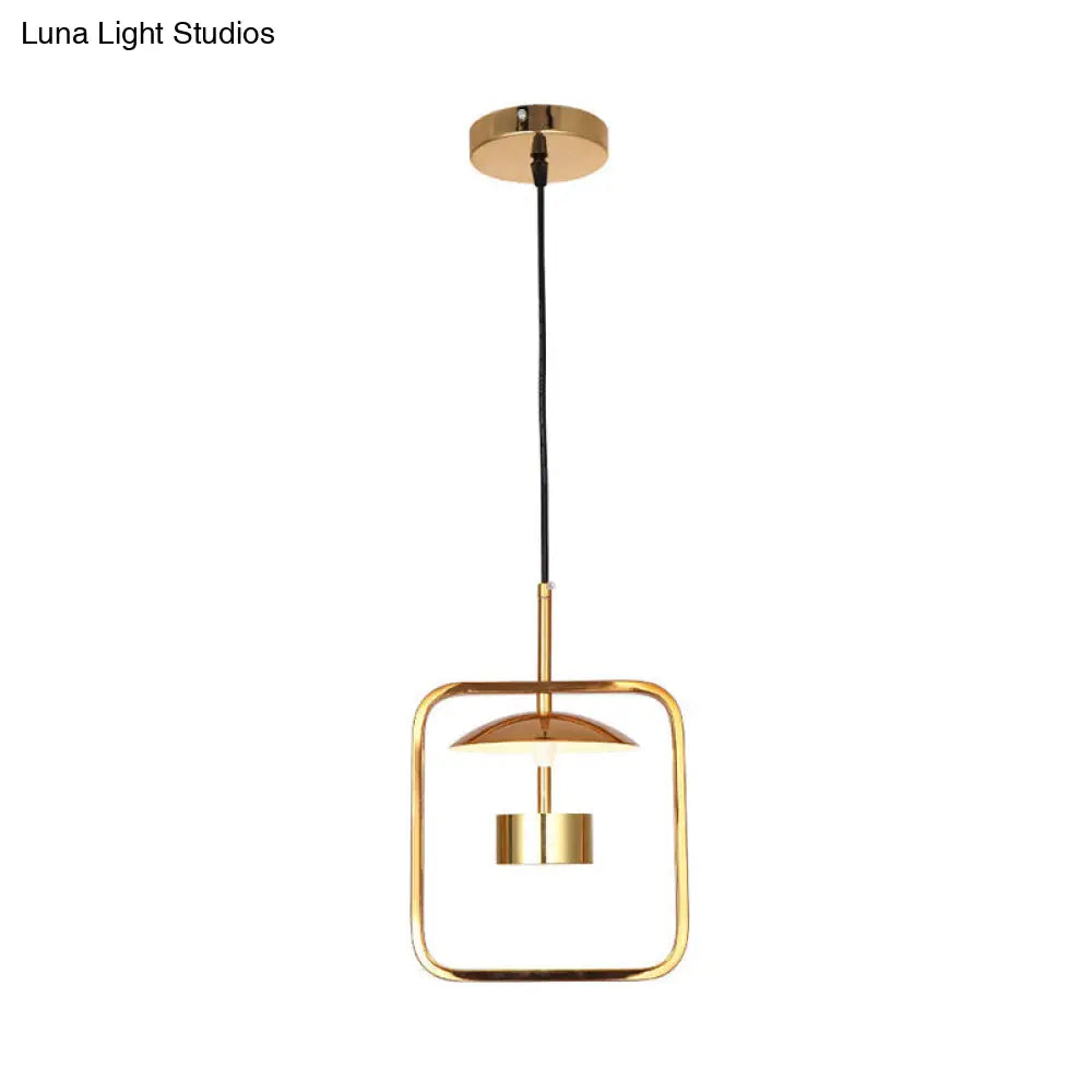 Minimalist Led Square-Frame Pendulum Light With Gold Finish And Shade/Shadeless Options For Ceiling