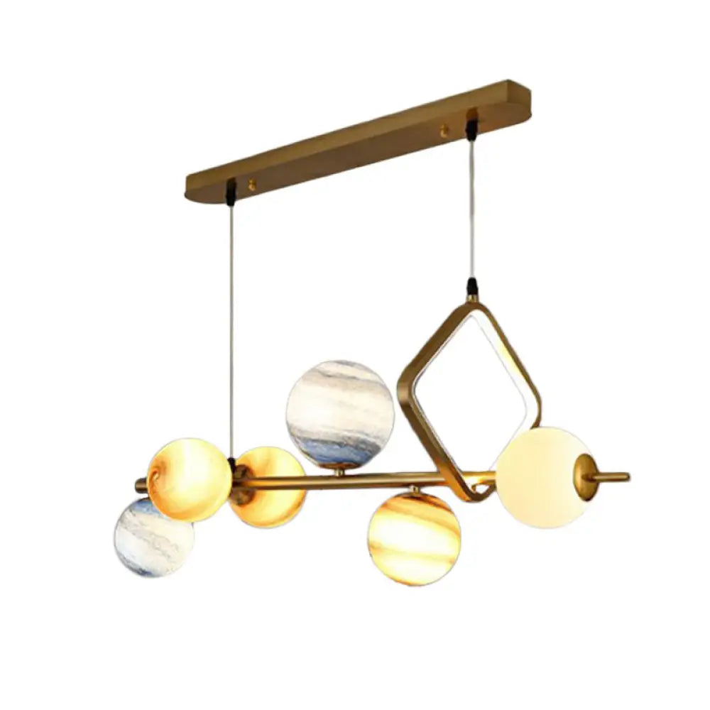 Gold Stained Glass Nordic Planet 7-Head Hanging Light For Dining Room