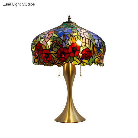 Gold Stained Glass Table Lamp With Flower Pattern - Classic Nightstand Lighting 3 Bulbs Pull Chain