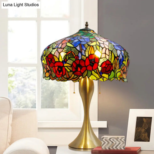 Gold Stained Glass Table Lamp With Flower Pattern - Classic Nightstand Lighting 3 Bulbs Pull Chain