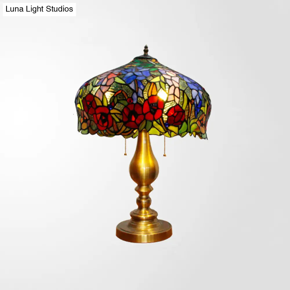 Gold Stained Glass Table Lamp With Flower Pattern - Classic Nightstand Lighting 3 Bulbs Pull Chain