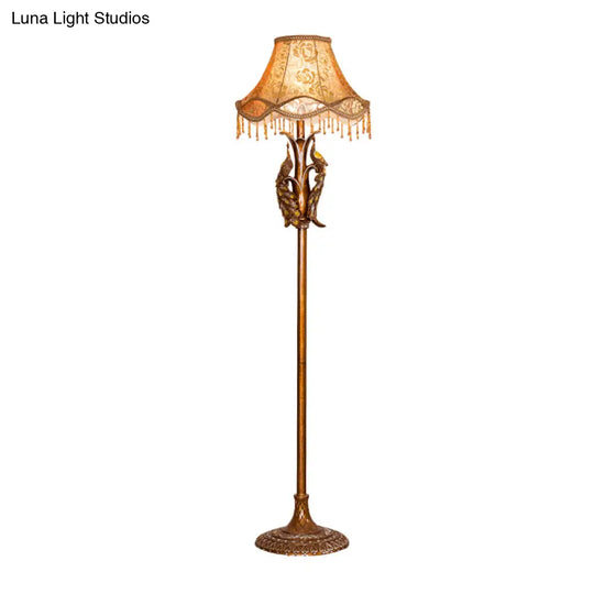 Gold Standing Floor Lamp With Scalloped Fabric Shade - Traditional Style Bulb Light For Sitting Room