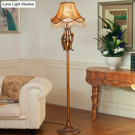 Gold Standing Floor Lamp With Scalloped Fabric Shade - Traditional Style Bulb Light For Sitting Room