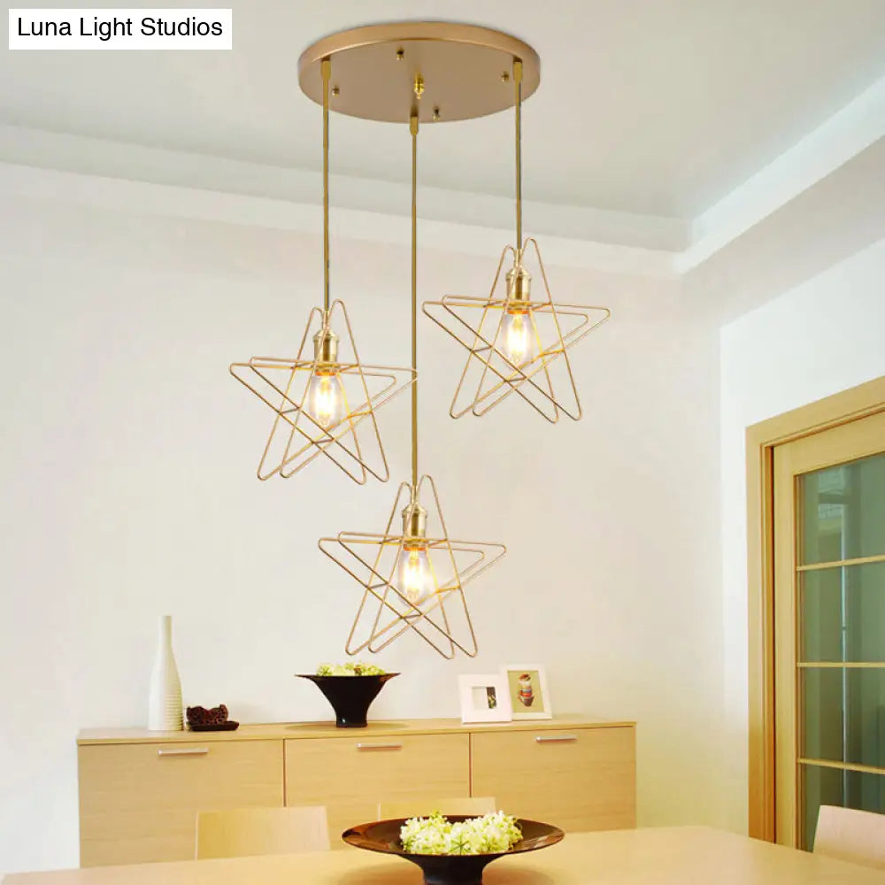 Simplicity Gold Star Cage Ceiling Light - Multi Bulb Metal Pendant For Dining Room / Round