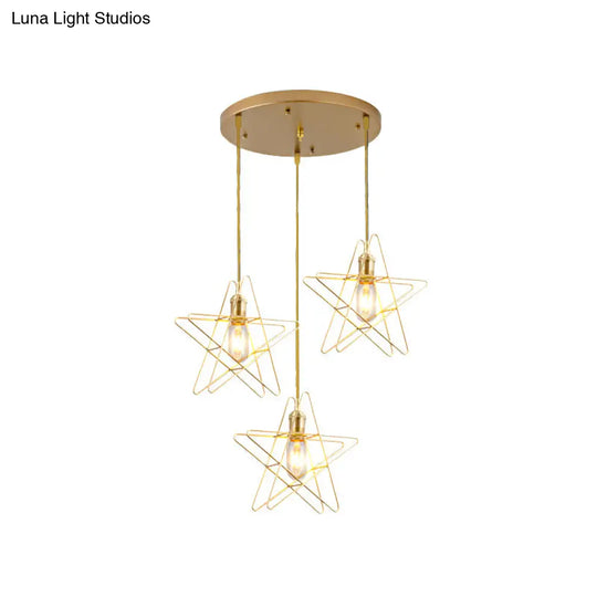 Gold Star Cage Ceiling Light - Simplicity Design Metal Frame 3 Bulbs Ideal For Dining Room