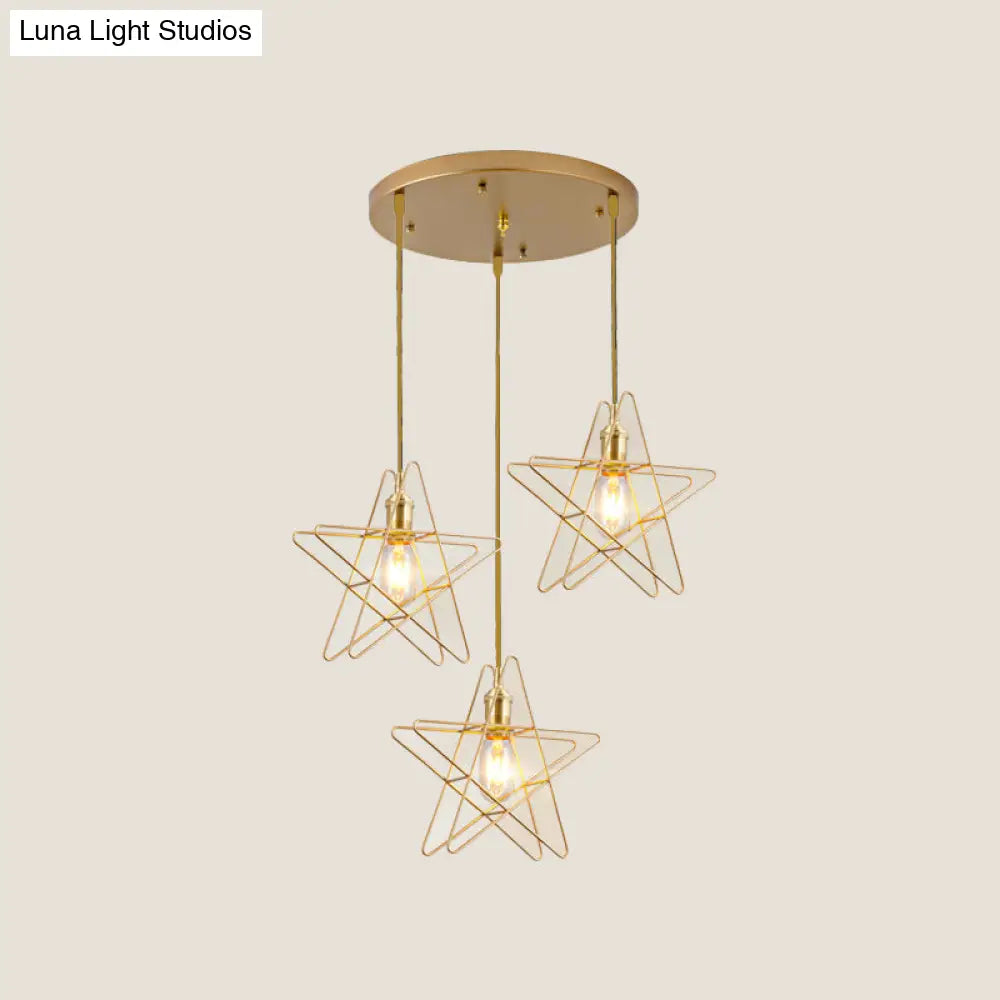 Gold Star Cage Ceiling Light - Simplicity Design Metal Frame 3 Bulbs Ideal For Dining Room