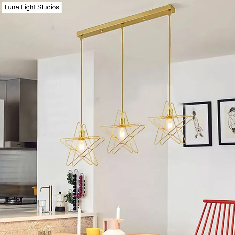 Simplicity Gold Star Cage Ceiling Light - Multi Bulb Metal Pendant For Dining Room / Linear