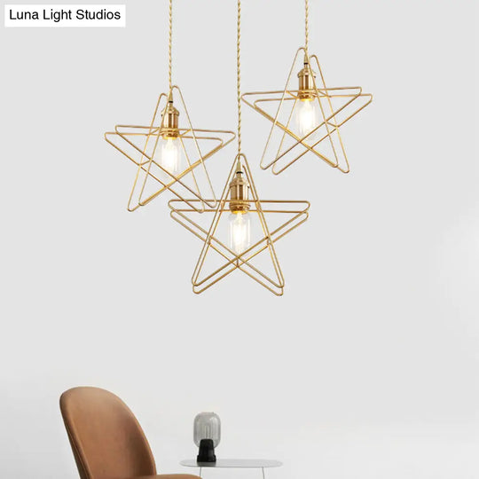 Gold Star Cage Ceiling Light - Simplicity Design Metal Frame 3 Bulbs Ideal For Dining Room