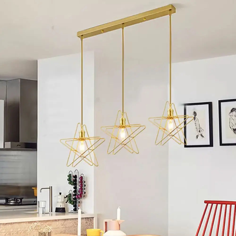 Gold Star Cage Ceiling Light - Simplicity Design Metal Frame 3 Bulbs Ideal For Dining Room / Linear