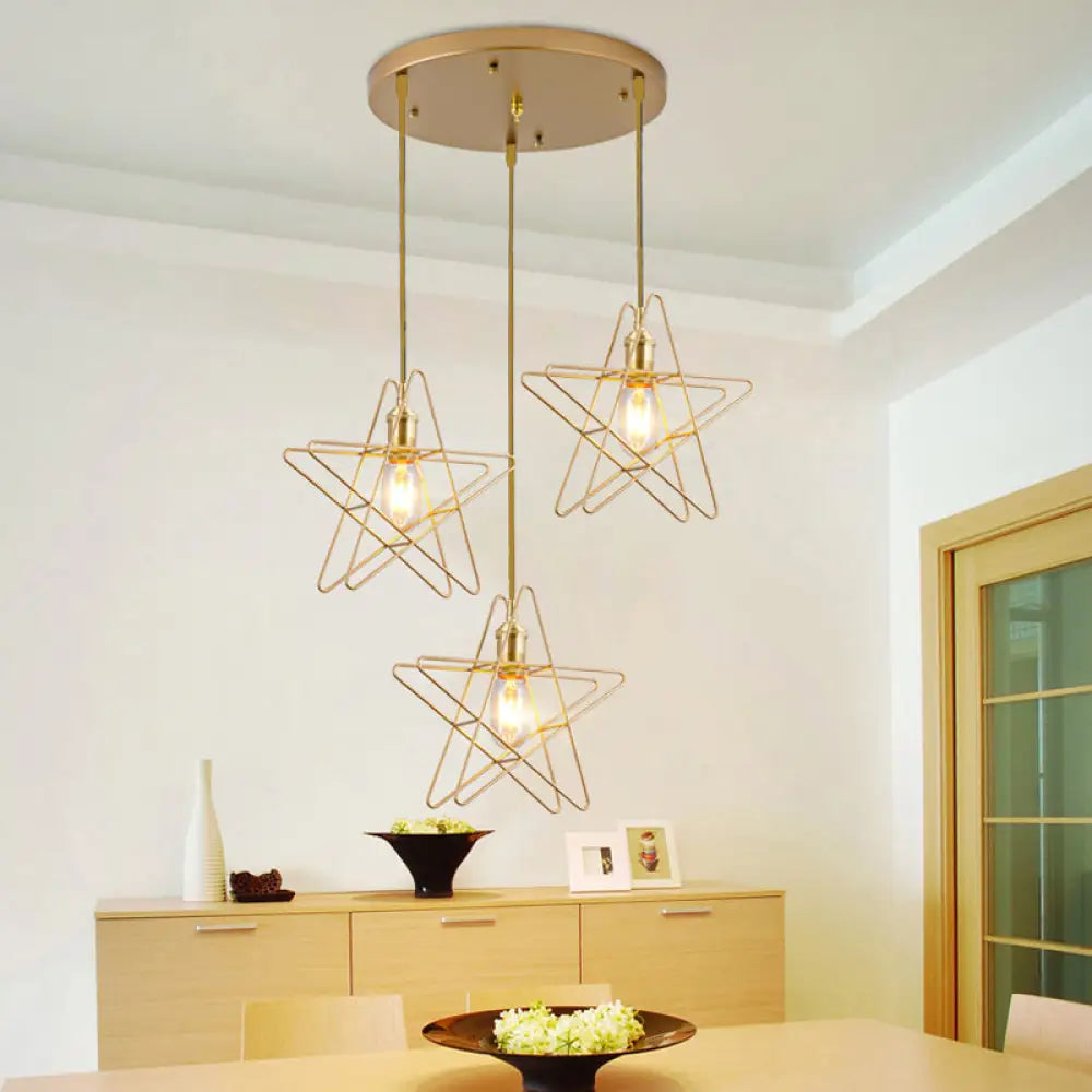 Gold Star Cage Ceiling Light - Simplicity Design Metal Frame 3 Bulbs Ideal For Dining Room / Round