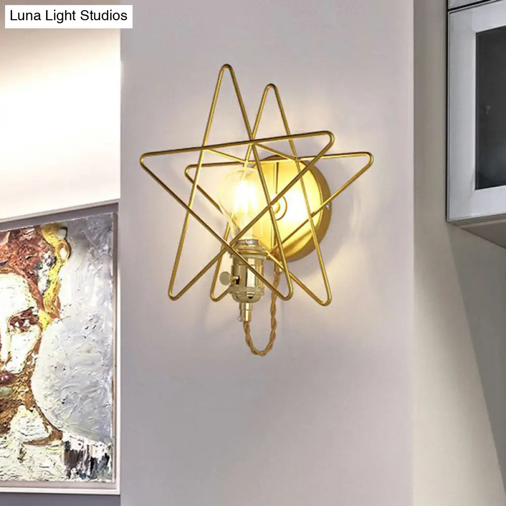 Gold Star Cage Wall Lamp - Simplicity Bedside Light Fixture Metallic Finish 1 Bulb