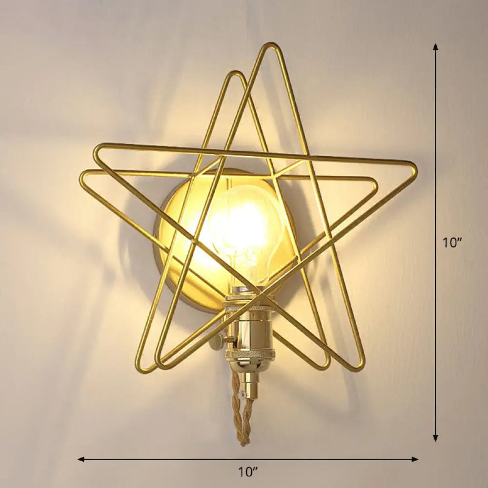 Gold Star Cage Wall Lamp - Simplicity Bedside Light Fixture Metallic Finish 1 Bulb