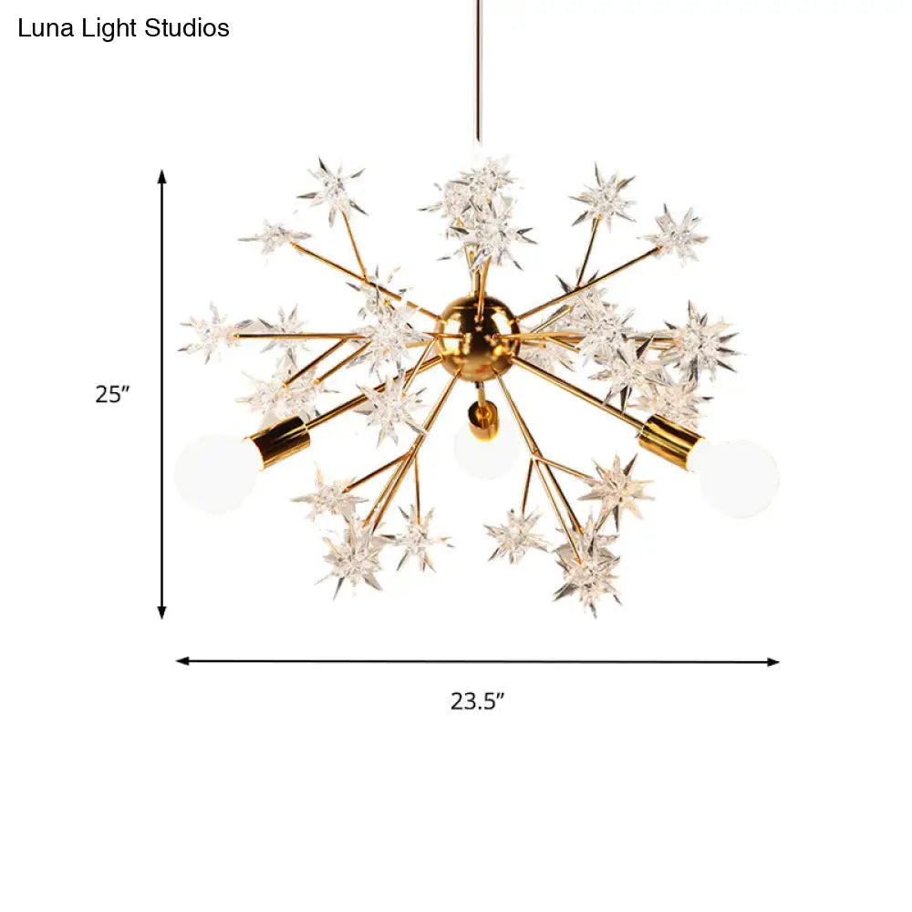 Gold Star Chandelier With 3 Lights - Romantic Metal Hanging Light For Child Bedroom Or Hotel Décor