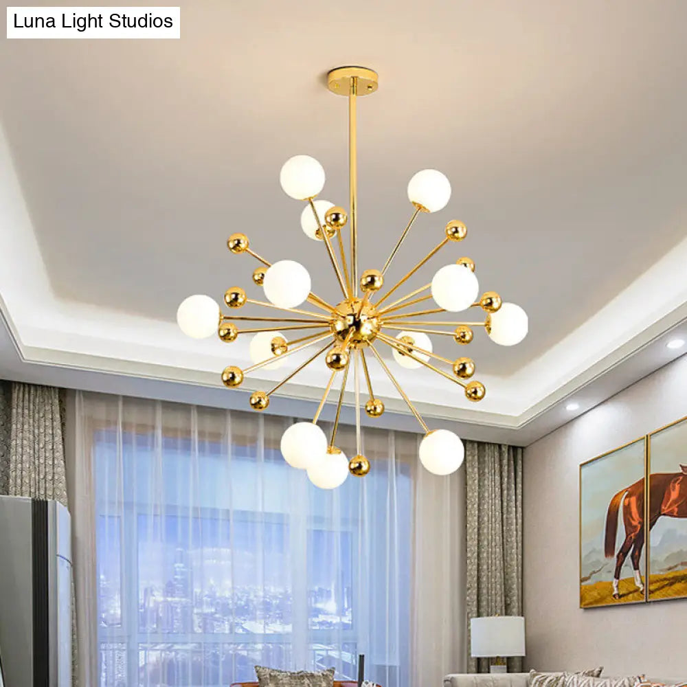 Gold Starburst Metal Chandelier Pendant Lamp With Multi Lights And White Glass Ball Shade -