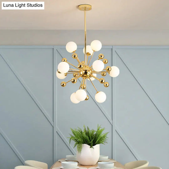 Gold Starburst Chandelier With White Glass Ball Shades - Designer Multi-Light Pendant Lamp Various