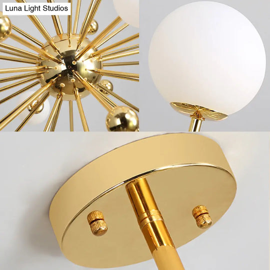 Gold Starburst Chandelier With White Glass Ball Shades - Designer Multi-Light Pendant Lamp Various