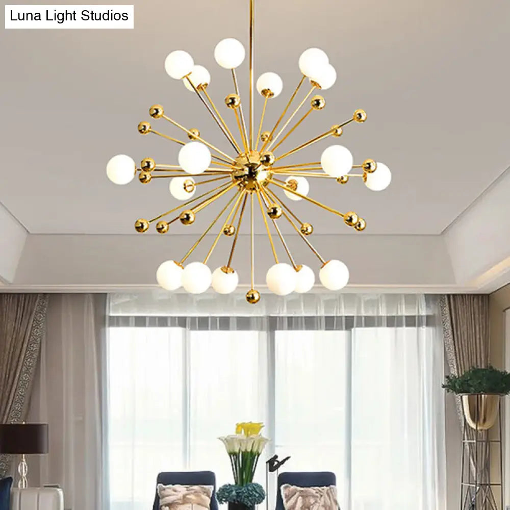 Gold Starburst Metal Chandelier Pendant Lamp With Multi Lights And White Glass Ball Shade -