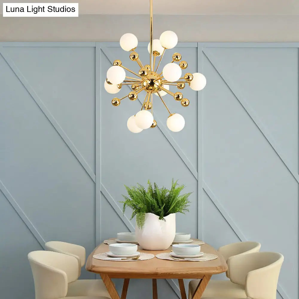 Gold Starburst Metal Chandelier Pendant Lamp With Multi Lights And White Glass Ball Shade -