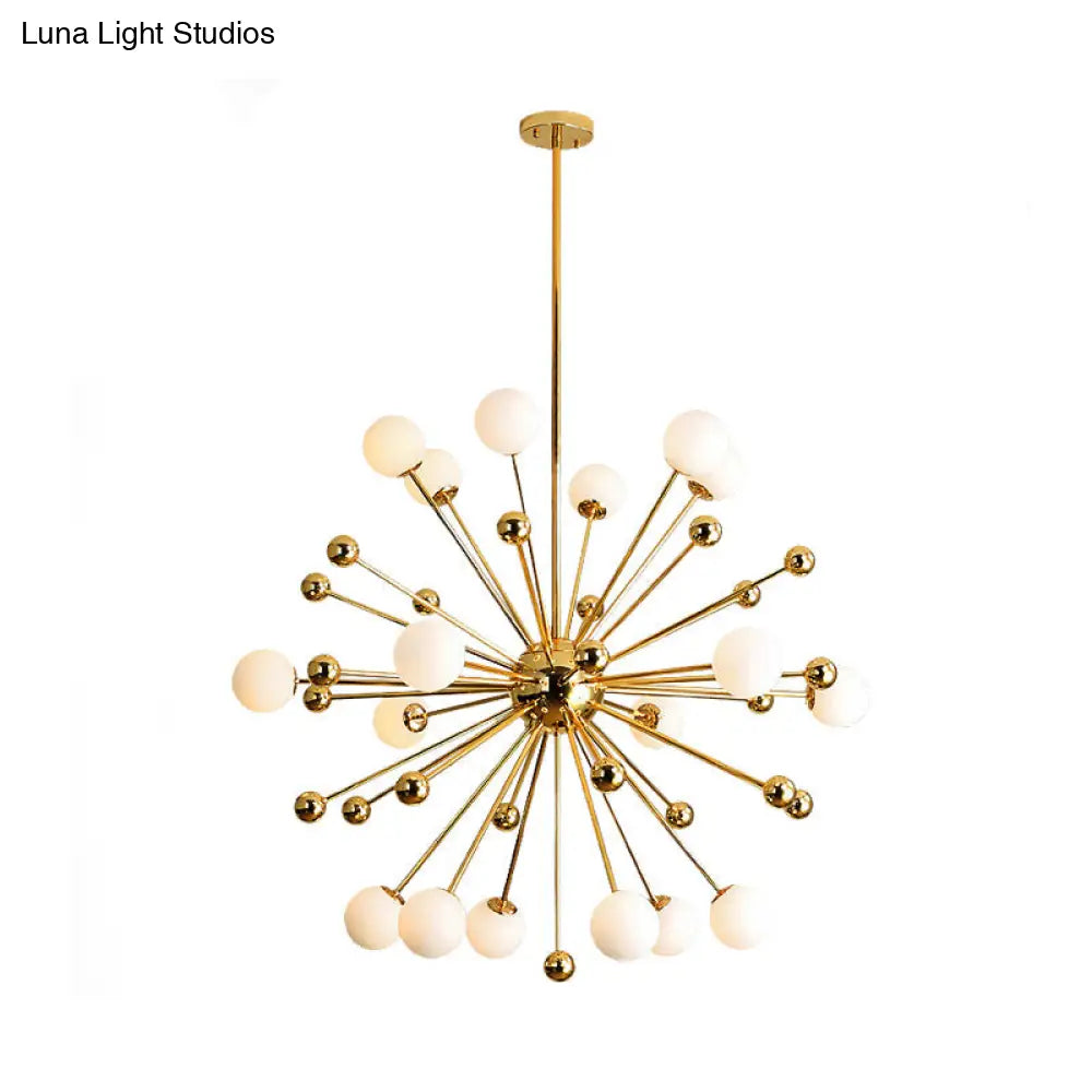 Gold Starburst Metal Chandelier Pendant Lamp With Multi Lights And White Glass Ball Shade -