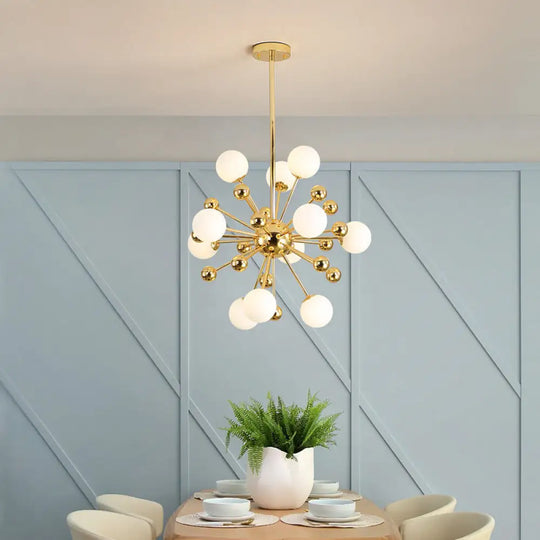 Gold Starburst Chandelier With White Glass Ball Shades - Designer Multi-Light Pendant Lamp Various