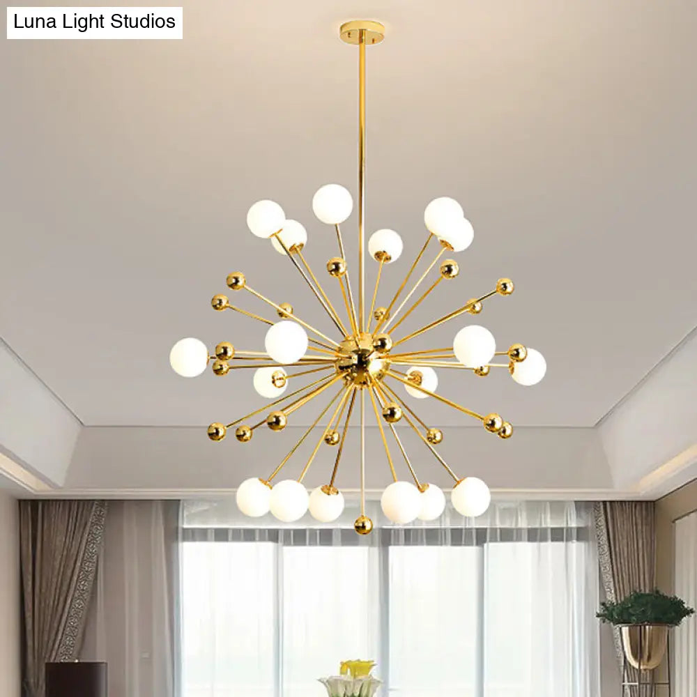 Gold Starburst Metal Chandelier Pendant Lamp With Multi Lights And White Glass Ball Shade -