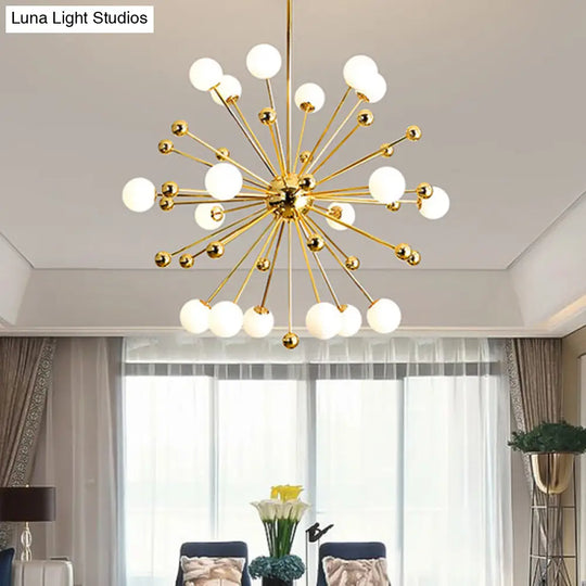 Gold Starburst Chandelier With White Glass Ball Shades - Designer Multi-Light Pendant Lamp Various