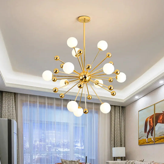 Gold Starburst Chandelier With White Glass Ball Shades - Designer Multi-Light Pendant Lamp Various