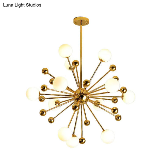 Gold Starburst Metal Chandelier Pendant Lamp With Multi Lights And White Glass Ball Shade -