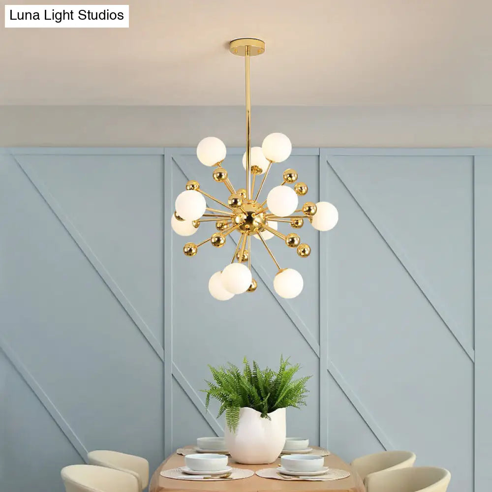 Gold Starburst Metal Chandelier Pendant Lamp With Multi Lights And White Glass Ball Shade -